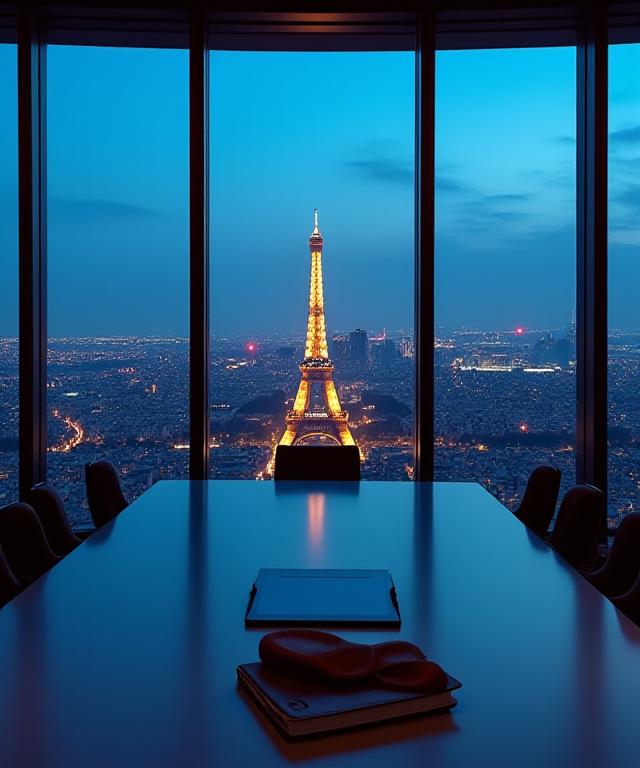 Sophisticated office overlooking the Paris skyline at dusk